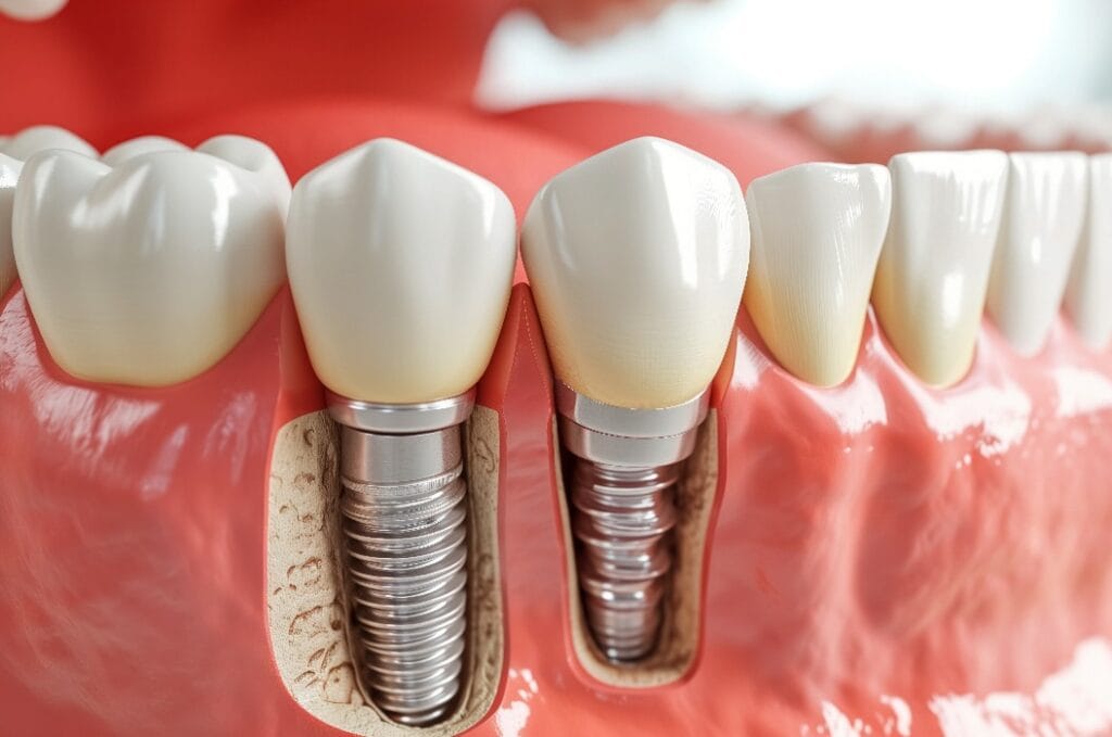 Zahnimplantate auf einem Modell von Zahnfleisch und Zähnen.